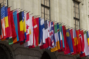 international flags in front of building