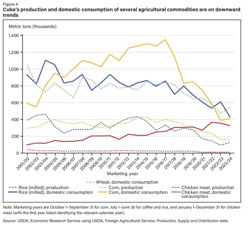 line chart showing Cuba's production and domestic consumption of rice, wheat, corn and chicken meat are on downward trends